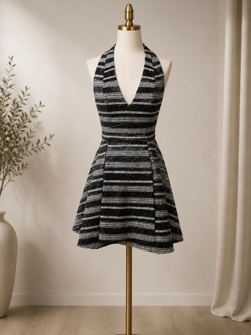 Vintage Alice + Olivia Halter Fit & Flare Mini Dress Tweed Sz 0 Old Money Y2K